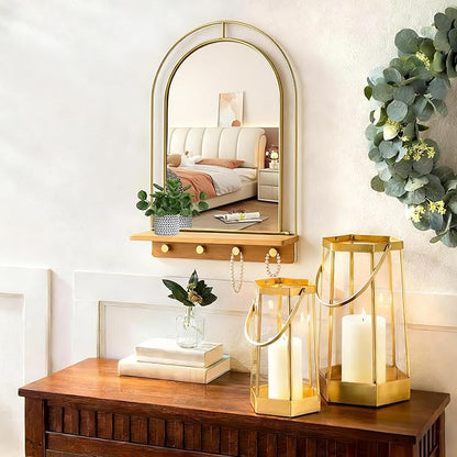 BAODANFU Gold Wall Mirror with Hooks, Arch Bathroom Mirror with Foldable Wood Shelf, 20x30 inches Arched Makeup Vanity Mirrors Decorative for Entryway, Bedroom, Dressing Room