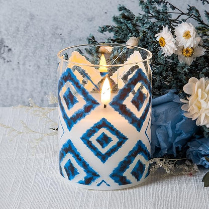Eywamage Blue Geometric Flameless Candles in Glass Jars, Flickering Battery LED Pillar Candles with Remote Set of 3