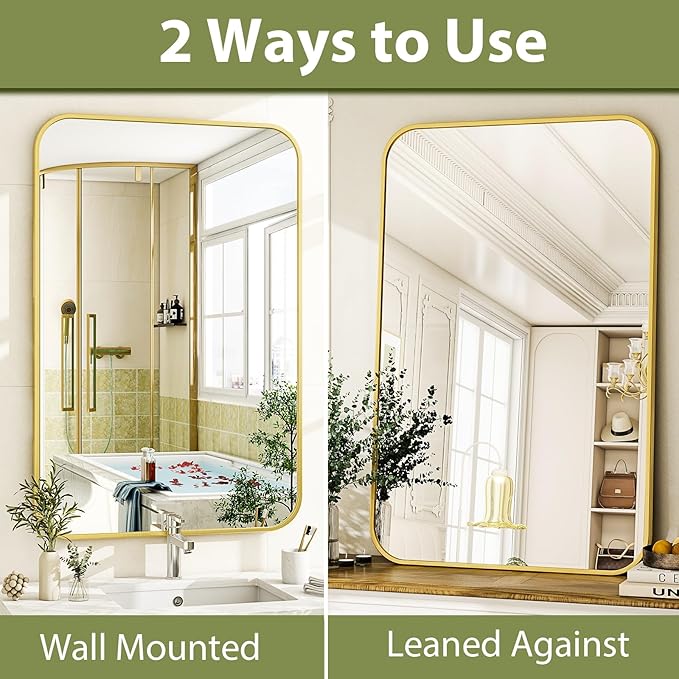 Easly 26 x 38 Inch Bathroom Mirror, Rounded Rectangular Vanity Mirror for Wall, Modern Mirror for Room Decor, Gold Framed Wall-Mounted Mirrors for Home Decor, Hangs Horizontally or Vertically