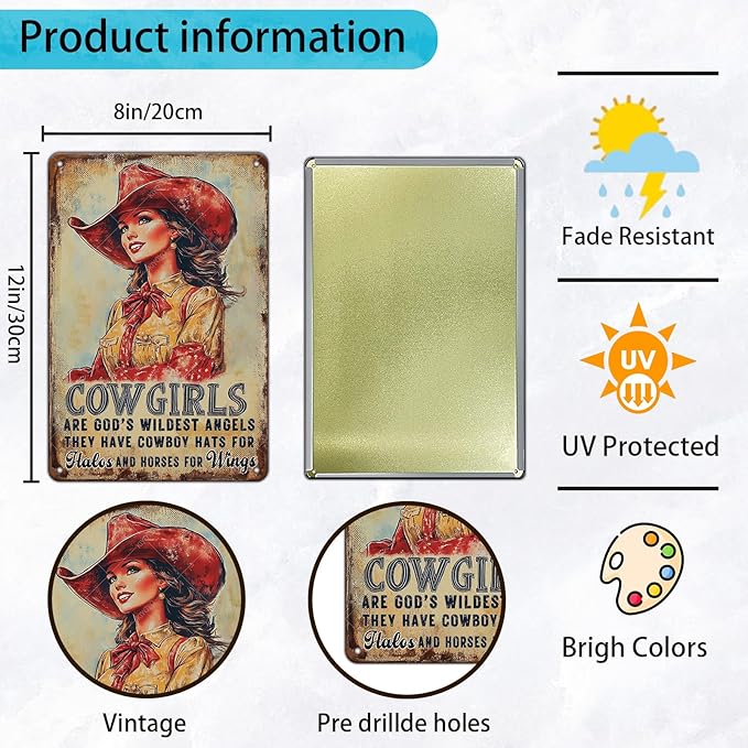 Cowgirl Sign Vintage Metal Tin Sign Cowgirl Are God's Wildest Angels They Have Cowboy Hats for Halos and Horse for Wings Teen Girls Room Decor Wall Art Print 12x8 Inch