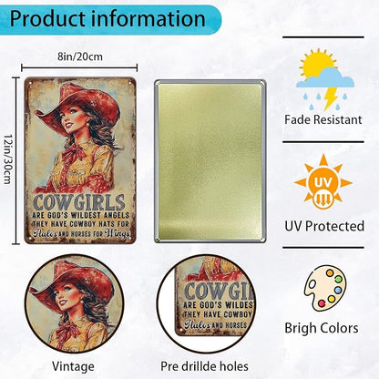 Cowgirl Sign Vintage Metal Tin Sign Cowgirl Are God's Wildest Angels They Have Cowboy Hats for Halos and Horse for Wings Teen Girls Room Decor Wall Art Print 12x8 Inch