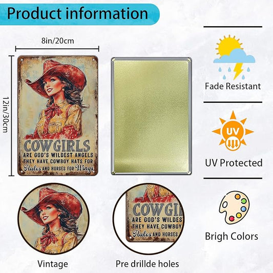 Cowgirl Sign Vintage Metal Tin Sign Cowgirl Are God's Wildest Angels They Have Cowboy Hats for Halos and Horse for Wings Teen Girls Room Decor Wall Art Print 12x8 Inch