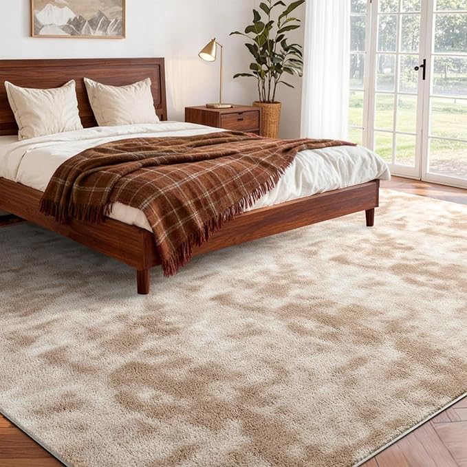 FinRèc 6x9 Washable Area Rugs for Bedroom Living Room, Low Pile Thin Ultra Soft Shag Rug, Non-Slip Carpet Indoor for Home Decor (Tie-dye Light Tan)