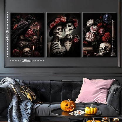 Gothic Canvas Wall Art Set of 3, Red Rose Skull Wall Decor Paintings, Dark Romantic Crow Goth Halloween Aesthetic Posters Prints for Bathroom, Living Room, Gallery, Home Decor 16x24Inch Framed