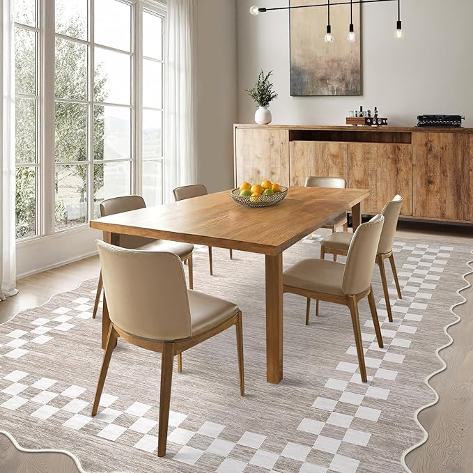 Small Bedroom Area Rug 3x5 Checkered Area Rug for Living Room Nursery Non Slip Kitchen Throw Carpet Low Pile Modern Bordered Rugs Washable Bathroom Mat Soft Brown Rugs for Laundry Entryway, Fog