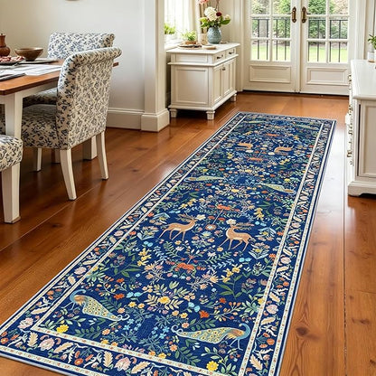 2x6 Blue Entryway Runner Rugs Washable Non Slip Runners for Hallway, Kitchen, Mudroom, Laundry Room, Stain Resistant Ultra Soft Non Skid, Nature Floral Design Indoor Decor