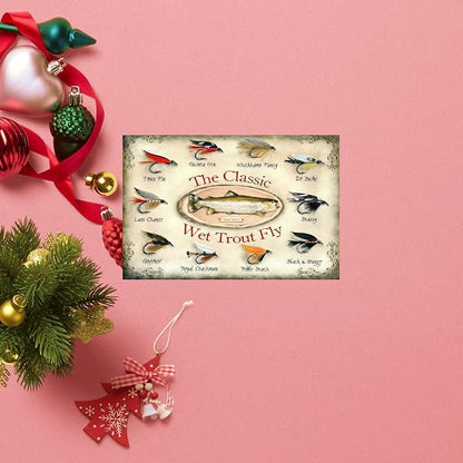 Vintage-Sign Rustic-Poster Wall-Art Fishing-Lovers, the Classic Wet Trout Fly, Funny Decor Gift Plaque for Home Farm Fence Bathroom Bedroom 8 X 12 Inch