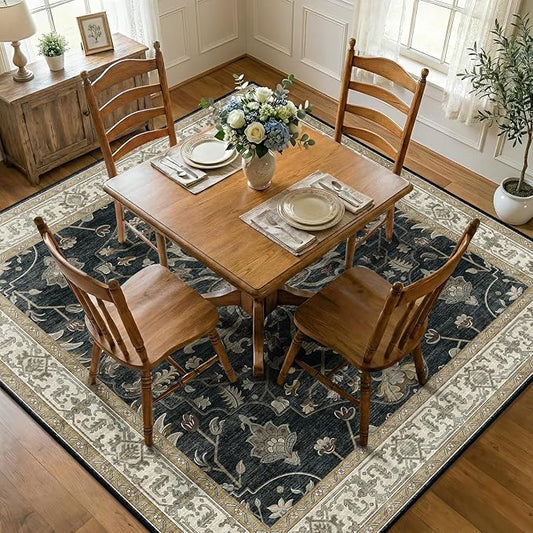 RELEANY Area Rugs Square 7ft Washable Non-Slip, Floral Vintage Distress Print Pattern Medallion Carpet for Living Room Bedroom Dining Room, Vintage Black Brown Neutral