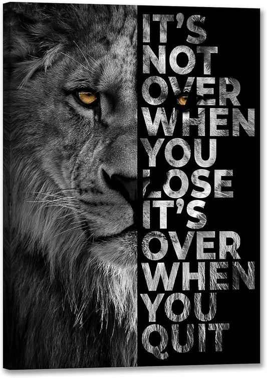 Lion Head Prints Canvas Inspirational Wall Art Black and White Animals Poster Motivational Quote Picture for Office Decor Framed Ready to Hang12x16inches