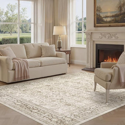 Area Rug 7x9 Washable Vintage - Soft Traditional Rugs for Living Room Large Non Slip Backing with Low Pile Farmhouse Oriental Retro Carpet for Bedroom Dining Room or Home Office - Yellowish Brown