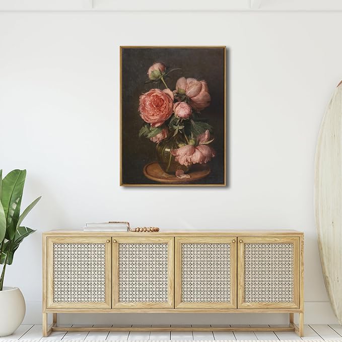 Pyradecor Extra Large Vintage Home Decor Retro Framed Canvas Wall Art Pfingstrosen Canvas Prints Classical Floral Farmhouse Wall Decor for Living Room Decorations