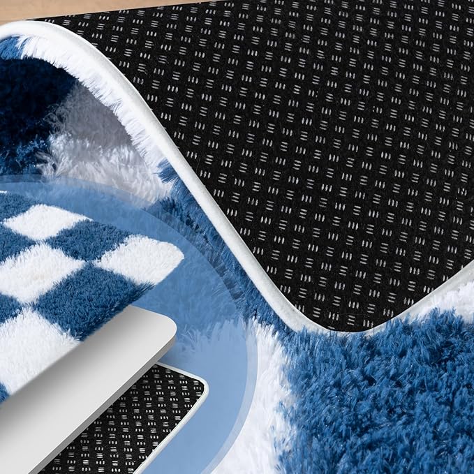 Checkered Rugs for Bedrooms, 4x5.9 Blue and White Carpet for Living Room, Fluffy Shaggy Area Rug for Kids Room, Soft Non Slip Aesthetic Decor for Home