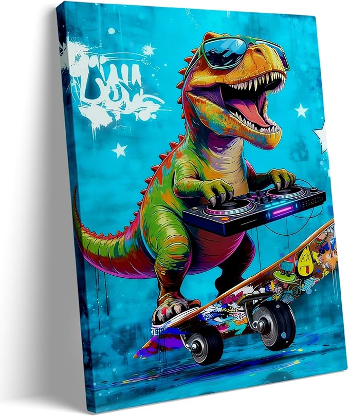 16x24 Graffiti Blue Skateboard T-Rex Dinosaur Canvas Wall Art Prints, Framed Watercolor Animal Pop Cool Painting, Funny Kids & Teen Boy Bedroom Decor, Home Bathroom Living Room Wall Poster Gift
