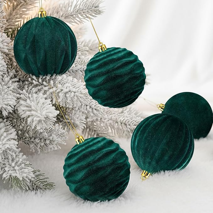 Liliful 12 Pcs Velvet Christmas Ornaments Balls, 4 Inch Flocked Plastic Christmas Tree Ball Shatterproof Hanging Ornaments Decorations for Xmas Tree Vintage Holiday Rustic Home Decor(Dark Green)