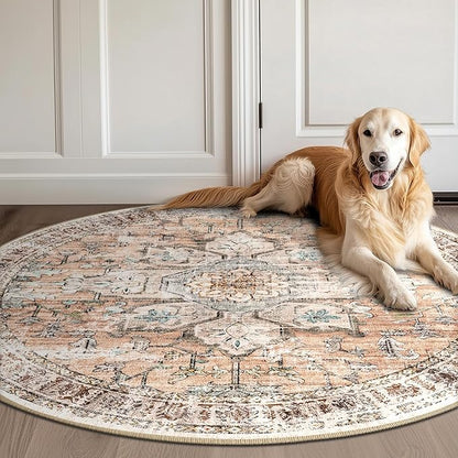 BESTSWEETIE 8ft Area Rug Washable Rugs for Living Room, No Pile Boho Carpet for Entryway Bedroom Dinning Room, Vintage Carpet Print Distressed Non-Slip, 96" Round, Orange Pink Brown Earth Tones