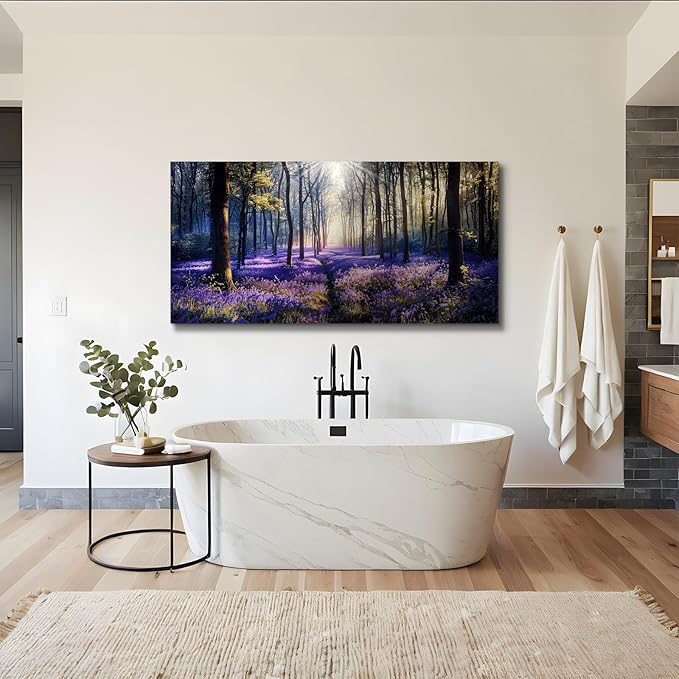 crmotu Nature Landscape Large Wall Art, Lavender Forest Nature Canvas Painting, Sunshine Scenery Aesthetic Art Prints, Purple Floral Wall Pictures for Living Room Bedroom Home Office 29X57 Inches