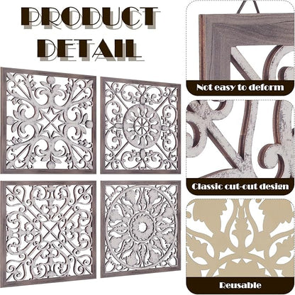 Tatuo 4 Pcs Wood Art Wall Decor Farmhouse Decorative Wood Panels Modern Wall Decor for Living Room Home Kitchen Dining Room(Square,Brown, White)