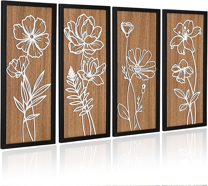 Wesiti 4 Pcs 3D Wooden Floral Wall Decor 16x7inch Lightweight Boho Botanical Flower Framed Wall Art Set for Spring Rustic Farmhouse Home Bathroom Living Room Bedroom Office Decoration