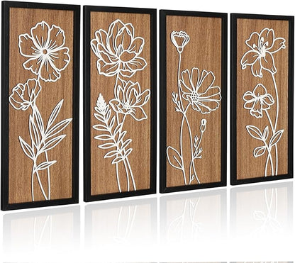Wesiti 4 Pcs 3D Wooden Floral Wall Decor 16x7inch Lightweight Boho Botanical Flower Framed Wall Art Set for Spring Rustic Farmhouse Home Bathroom Living Room Bedroom Office Decoration