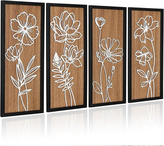 Wesiti 4 Pcs 3D Wooden Floral Wall Decor 16x7inch Lightweight Boho Botanical Flower Framed Wall Art Set for Spring Rustic Farmhouse Home Bathroom Living Room Bedroom Office Decoration