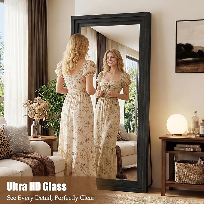 Full Length Mirror 71"x30", Large Solid Wood Frame Floor Mirror, Leaning Floor Mirror, Stable Frame, Shatterproof Glass, Modern Classic Style for Bedroom, Living Room, Entryway