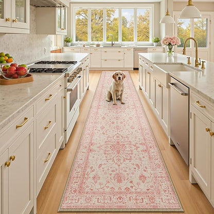 RELEANY Area Rugs 2'x10' Runner Rug Non Slip Washable for Kitchen Hallway Bedroom Beside Laundry Room Bathroom Rug, Floor Carpet, Pink Light Vintage Pink
