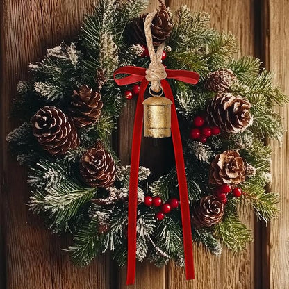 Suncalla 6 Pcs Rustic Gold Bells with 6 Pcs Burgundy Velvet Bows Mini Handmade Hanging Ornament Decorative Antique Bells Velvet Bows for Xmas Tree Crafts Door Wreath Decoration DIY Party Supplies
