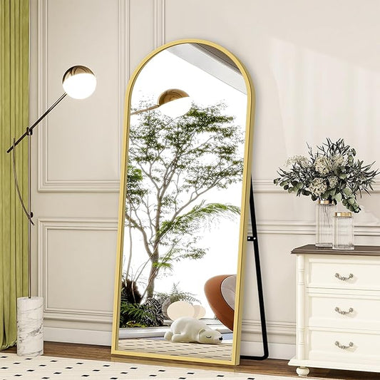 GlasFlength Full Length Mirror with Stand, 64"x21" Arched Full Body Mirror with Aluminum Alloy Frame, Wall-Mounted/Leaning Against Wall/Standing Floor Mirror for Bedroom, Living Room, and Entryway
