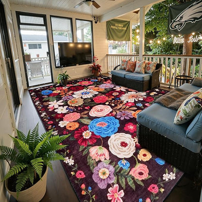 Floral Washable 6x9 Area Rugs, Soft Black/Brown Bedroom Rug for Living Room Ultra-Thin Non Slip Dining Room Rug, Stain Resistant Rugs Easy Clean Throw Carpet for Office(6 x 9, Black/Brown)