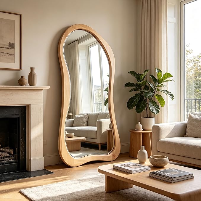 Irregular Full Length Mirror, 71"x33.5" Asymmetrical Full Body Mirrors with Solid Wood Frame, Premium Oversized Organic Floor Mirror for Living Room Entryway Cloakroom, Leaning/Hanging