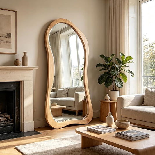 Irregular Full Length Mirror, 71"x33.5" Asymmetrical Full Body Mirrors with Solid Wood Frame, Premium Oversized Organic Floor Mirror for Living Room Entryway Cloakroom, Leaning/Hanging
