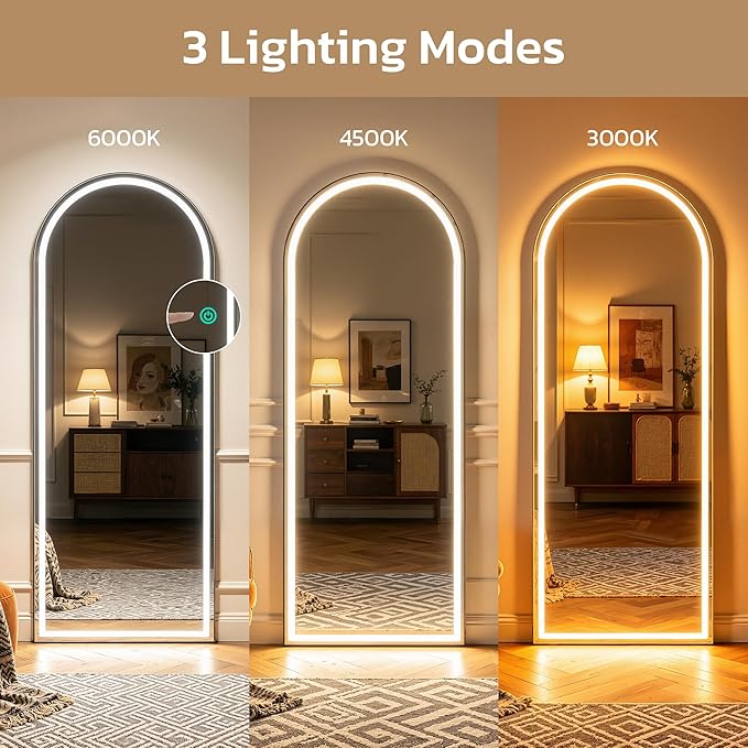 71" x 26" Arched Full Length Mirror with LED Lights, Floor Mirror with Stand, Wall Mirrors Full Length, Body Floor Mirrors, Wall Mounted for Bedroom, Dimmable, Tempered Glass