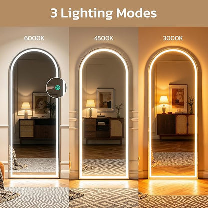 71" x 26" Arched Full Length Mirror with LED Lights, Floor Mirror with Stand, Wall Mirrors Full Length, Body Floor Mirrors, Wall Mounted for Bedroom, Dimmable, Tempered Glass