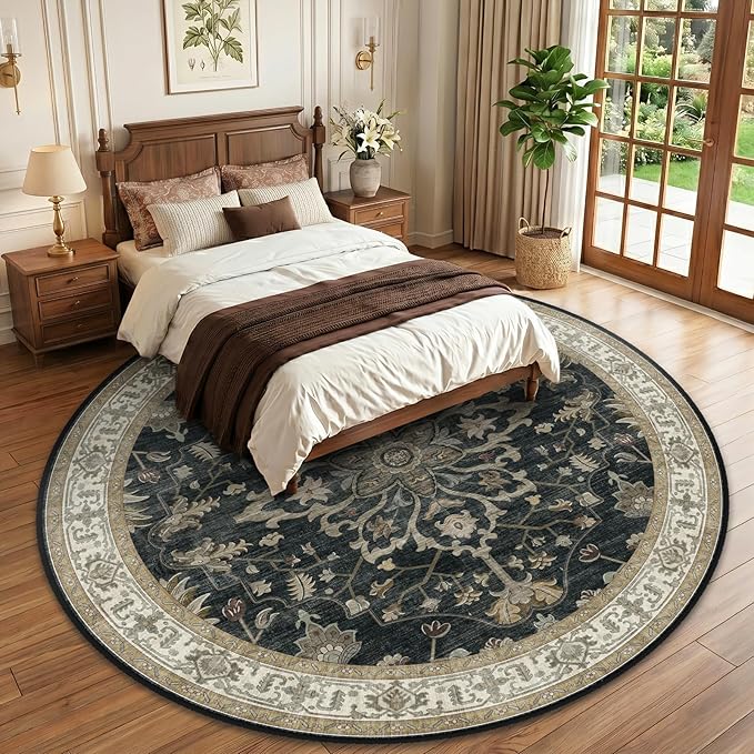 RELEANY Area Rugs Round 10ft Washable Non-Slip, Floral Vintage Distress Print Pattern Medallion Carpet for Living Room Bedroom Dining Room, Vintage Black Brown Neutral