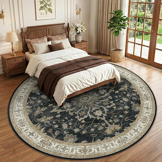 RELEANY Area Rugs Round 10ft Washable Non-Slip, Floral Vintage Distress Print Pattern Medallion Carpet for Living Room Bedroom Dining Room, Vintage Black Brown Neutral