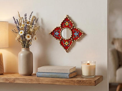 Handmade Peruvian Mirror - Reverse Painted Glass Mirror - Square or Diamond Shaped Wall Mirror with Bronze Leaf - Small Mirrors for Gallery Wall (Red)