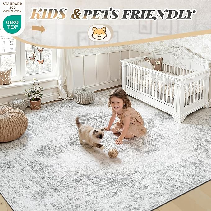 9x12 Area Rugs for Living Room, Washable Vintage Boho Medallion Rug Non Slip Low Pile Floor Carpet for Bedroom Dining Room Home Office (Grey, 9'x12')