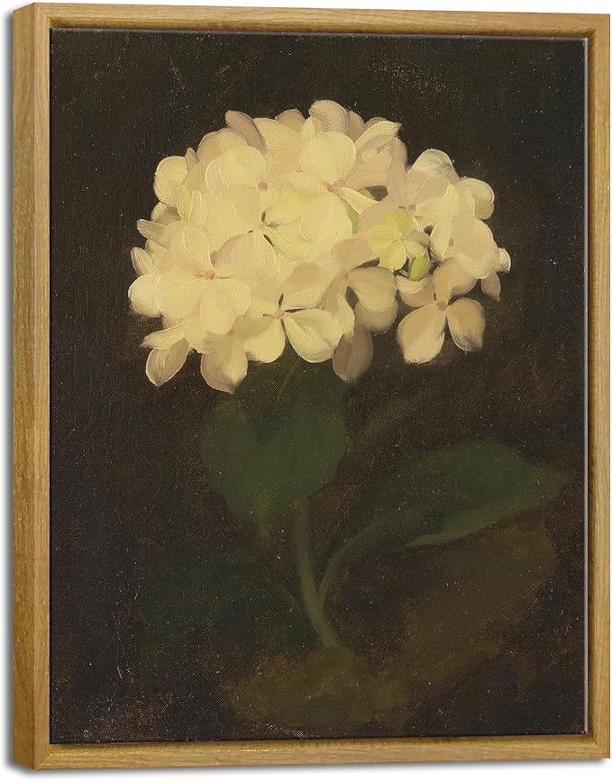 Pyradecor Vintage Retro Framed Wall Art White Hydrangea Oil Painting Canvas Prints Mid Century Living Room Decor for Farm House Bedroom Decorations