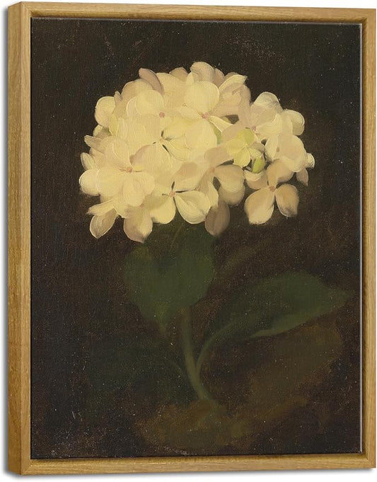 Pyradecor Vintage Retro Framed Wall Art White Hydrangea Oil Painting Canvas Prints Mid Century Living Room Decor for Farm House Bedroom Decorations