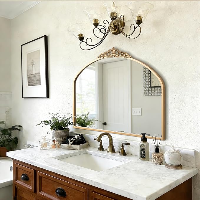 1 Set Vintage 36x29 Gold Antique Baroque Arched Ornate Traditional Brass Mirror and 8.5x12 Vintage Vanity Makeup Desk Table Mirror for Bathroom Entryway Living Room Hallway Fireplace