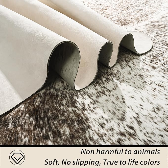 8x10 Large Cowhide Rug, Washable Faux Brown and White Hide Area Rugs for Living Room, Classic Western Brindle Animal Print Carpet for Under Dining Table, Synthetic Vegan Leather Decor