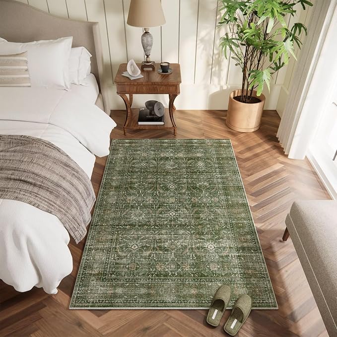Washable 2x3 Entryway Rug, Boho Non-Slip Door Mat Vintage Distress Small Rugs for Kitchen Nursery Office Bedroom, 0.3" Neutral Oriental Throw Carpet with Cushioning Pad, Grass Green/Multi, D1