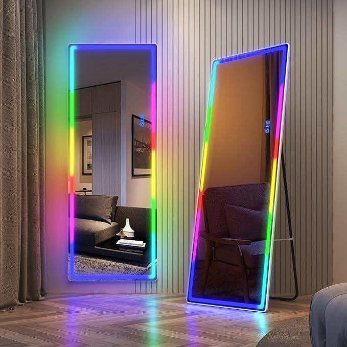 LVSOMT 63 X 22 Full Length Mirror with Lights, Large Wall Mirror Full Length, RGB Led Mirror Full Length with Remote Control, Full Body Mirror for Bedroom Living Room Cloakroom, White