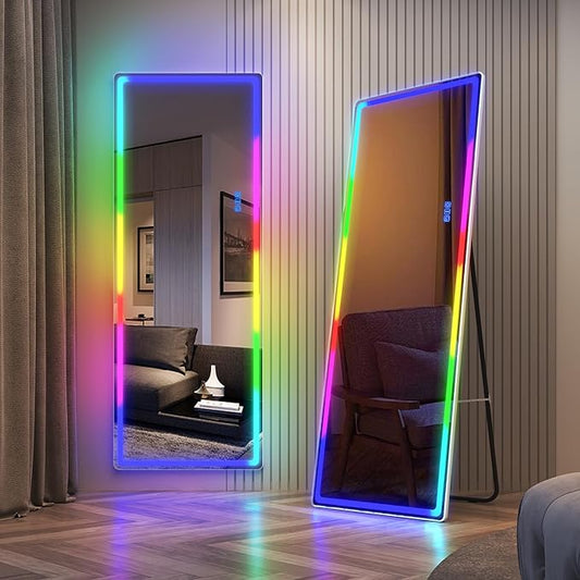 LVSOMT 63 X 22 Full Length Mirror with Lights, Large Wall Mirror Full Length, RGB Led Mirror Full Length with Remote Control, Full Body Mirror for Bedroom Living Room Cloakroom, White