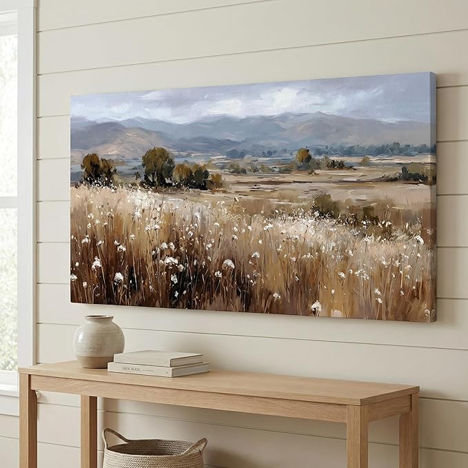 BQVCT Rustic Landscape Canvas Wall Art 24x48 Inch Field with Wildflowers and Mountains Giclee Print on Stretched Canvas, Nature Scenery Wall Decor for Living Room, Bedroom, Office