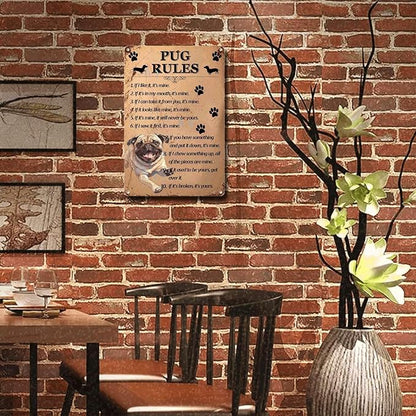 Metal Sign Tin Sign Vintage Wall Art Pug Rules Bar Signs for Home Decor for Room 12×16 Inches