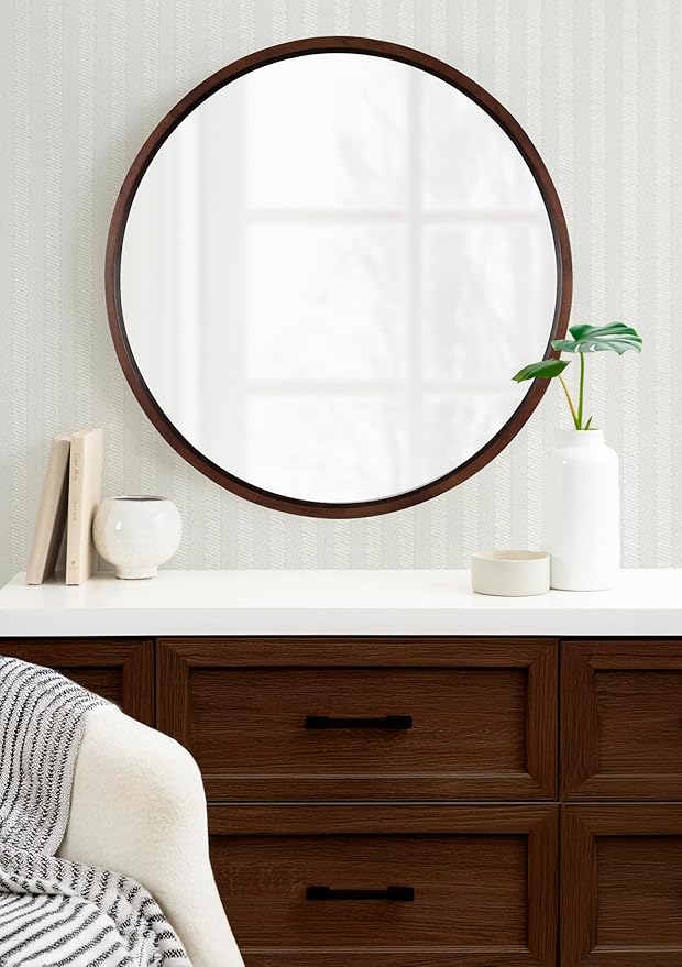 Kate and Laurel Hutton Round Decorative Wood Frame Wall Mirror, 30 Inch Diameter, Walnut