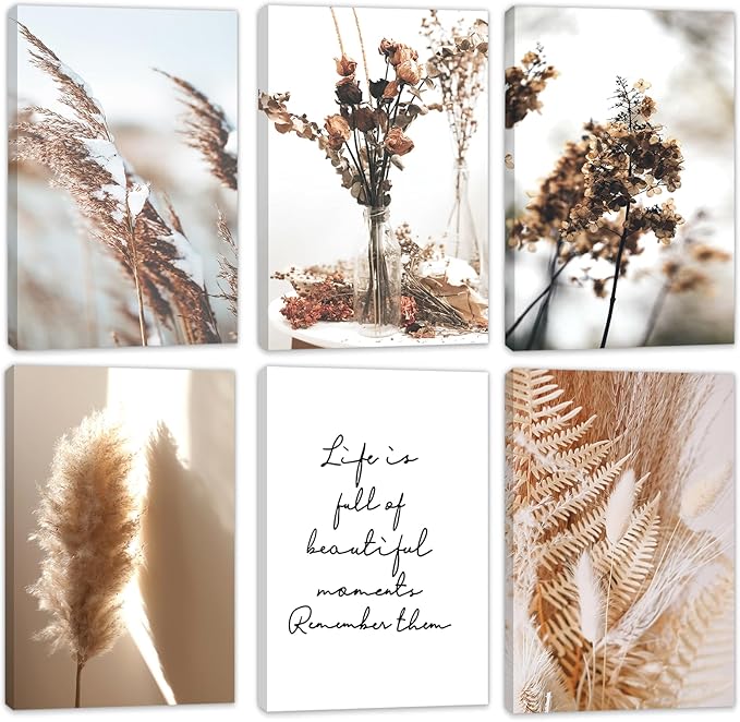 HoozGee Framed Nature Canvas Wall Art Prints Built-in Wooden Frame Botanical Art Wall Decor Reed Dried Flower Plant Poster for Home Bedroom Living Room Decor (24"x36" FRAMED)