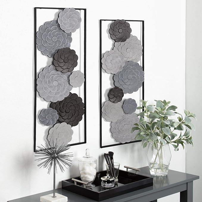 Oakrain 2 PCS Metal Wall Art - 35.4" X 13.4" Large Metal Flower Wall Decor with Frame, Modern Home Wall Decoration Sculpture for Living Room, Office, Bedroom, Study