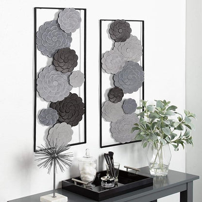 Oakrain 2 PCS Metal Wall Art - 35.4" X 13.4" Large Metal Flower Wall Decor with Frame, Modern Home Wall Decoration Sculpture for Living Room, Office, Bedroom, Study